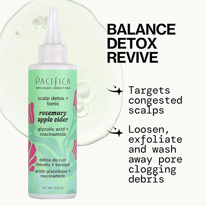 Pacifica Scalp Detox Set β Rosemary Apple Cider Vinegar Scalp Exfoliating Tonic with Scalp Massager Brush, Deep Cleansing & Clarifying Treatment for Buildup, Dry Flaky Scalp, Vegan