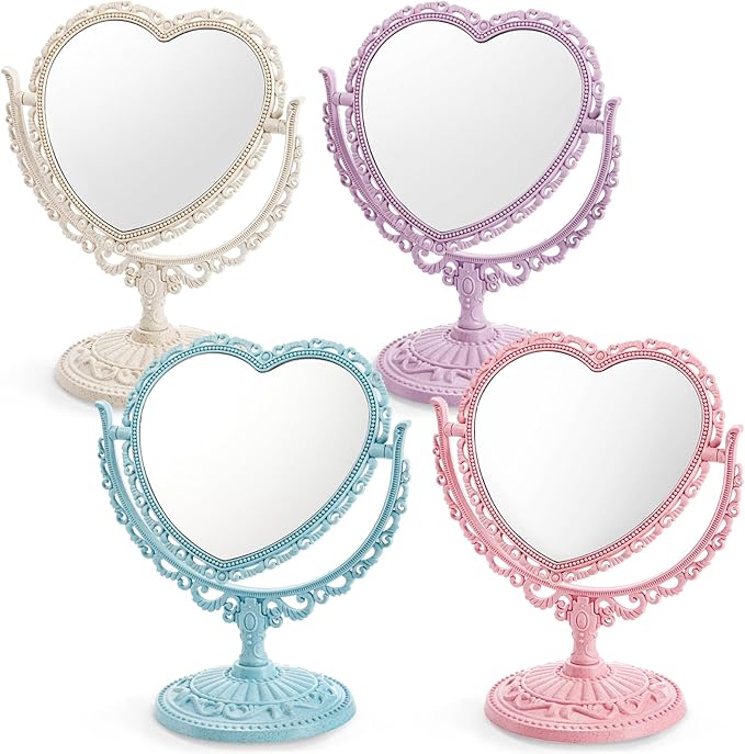 DEAYOU 4 Pack Heart Shaped Cosmetic Mirror, Vintage Vanity Tabletop Mirror with Double Sided, Rotatable Dresser Mirrors with Stand for Makeup, Girl, Women, Beauty, Spa Party, 4 Color