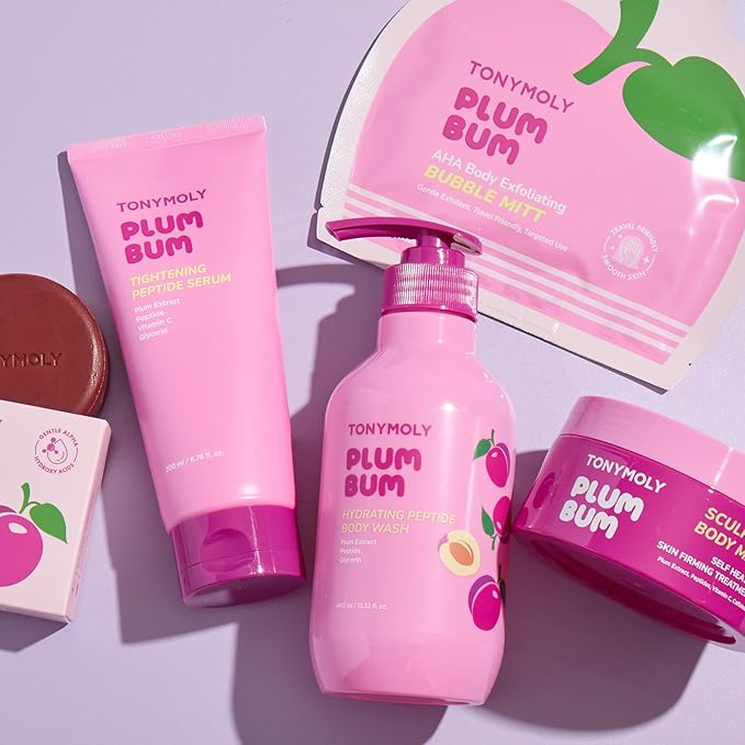 TONYMOLY Plum Bum AHA Exfoliating Bubble Mitt β Single-Use Korean Body Scrub with Glycolic Acid, Peptides & Plum Extract for Smooth, Refreshed Skin β 1.2 oz (Pack of 2)