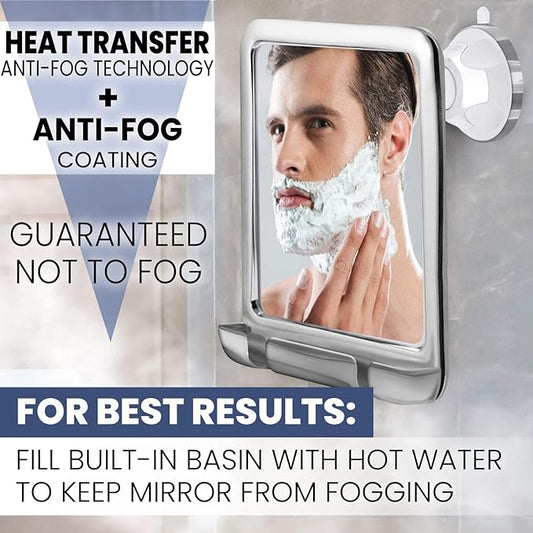 MIRRORVANA Fogless Shower Mirror for Shaving with Razor Holder and Dual Anti Fog Design - Upgraded 360Β° Swivel Suction Cup with Bonus Hook for Hanging - Shatterproof 8" x 7" Surface (Chrome)