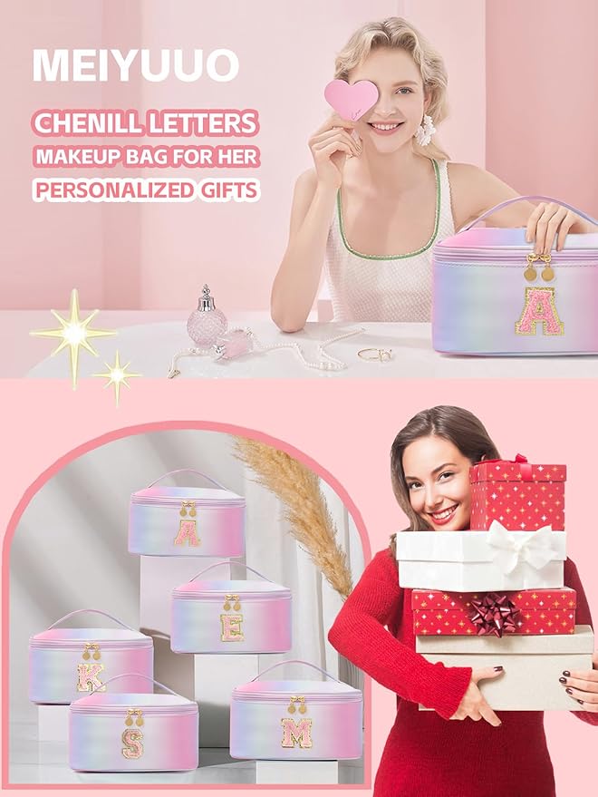 Meiyuuo Makeup Bag for Women Large Cosmetic Bags Travel Toiletry Bag Birthday Gifts for Girls Preppy Letter Pouch Teen Girl Gifts Trendy Stuff Rainbow Pink with Divider and Handle E