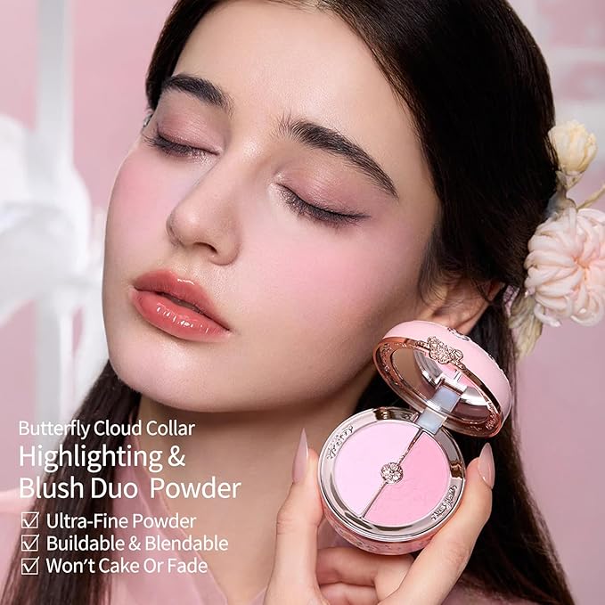 Flower Knows Butterfly Cloud Collar Rouge Box Highlighting & Blush Duo Powder,Blue+Pink Matte Finish Blush & Highlighter Palette,Buildable & Blendable Makeup Blush for cheeks(03 Pastel Lotus)