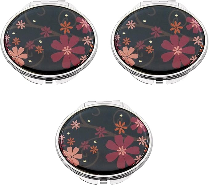 Stephanie Imports Set of 3 Double Sided Magnifying Compact Slim Mirrors with Printed Insert (Black Floral, Round)