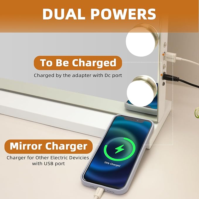 Misavanity Large Vanity Mirror with Lights Tempered Glass 31.4’’ x 23.4’’ Hollywood Lighted Makeup Mirror with 18 Dimmable Bulbs USB Charging Port 10X Magnification 3 Lighting Modes, White