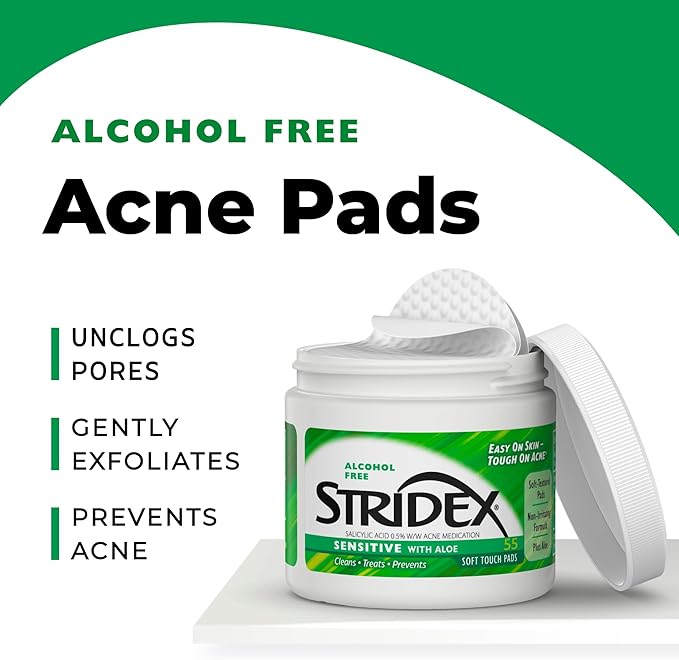 Stridex Medicated Acne Pads, Sensitive, 55 Count β Facial Cleansing Wipes, Alcohol Free Face Treatment, For Mild to Moderate, Smooth Application