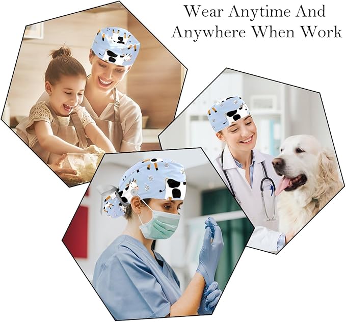 2 PCS Bouffant Cap with Button Ponytail Pouch Working Cap Sweatband Adjustable Surgical Cap Black and White Cow