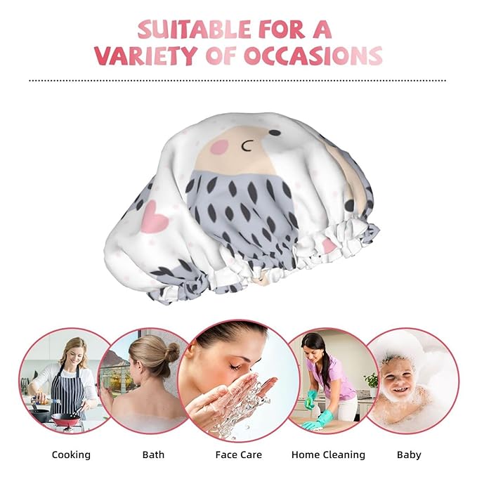 Cute Hedgehog Animal Shower Cap for Women,Double Waterproof Layers Bathing Shower Hat Large Designed for all Hair