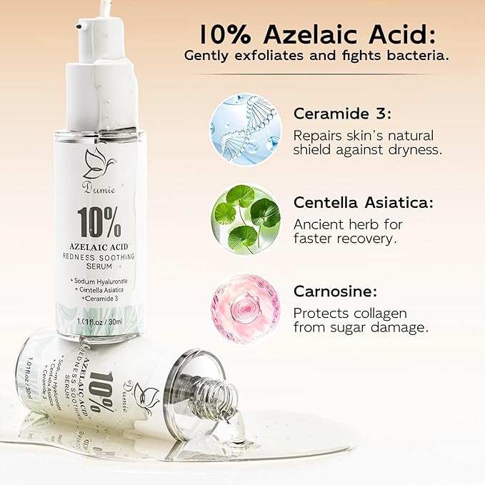 Azelaic Acid Serum 10%, Azelaic Acid For Face With Centella Asiatica Serum For Redness and Uneven Skin Tone, Hyaluronic Acid & Ceramide 3 โ Soothes & Clears Pores For Sensitive Skin, 1.01 fl oz