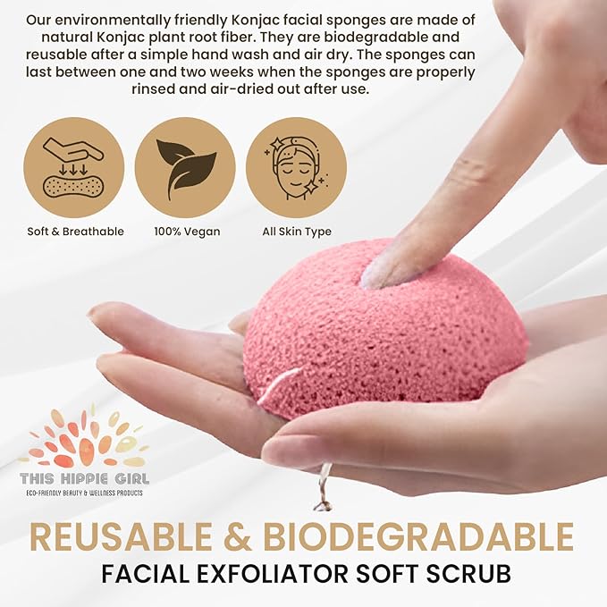 This Hippie Girl | Konjac Exfoliating Organic Facial Sponge | Plant Based Gentle Exfoliating Face Scrubbie | Oil Control Sponge | Rose Pink (Pink)