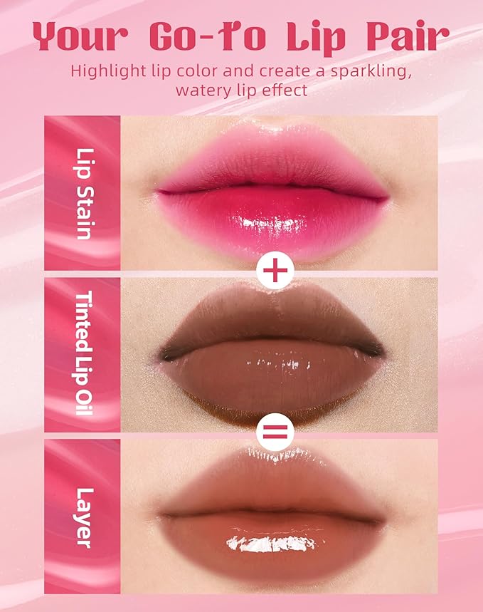 Tinted Lip Oil & Lip Stain Set, Korean Makeup, Smudge-Proof,Long-Wearing, 2-in-1 Cheek and Lip Tint with Moisturizing, High-Shine, Lightweight & Non-Sticky for Dry Lips, Cruelty-Free & Vegan