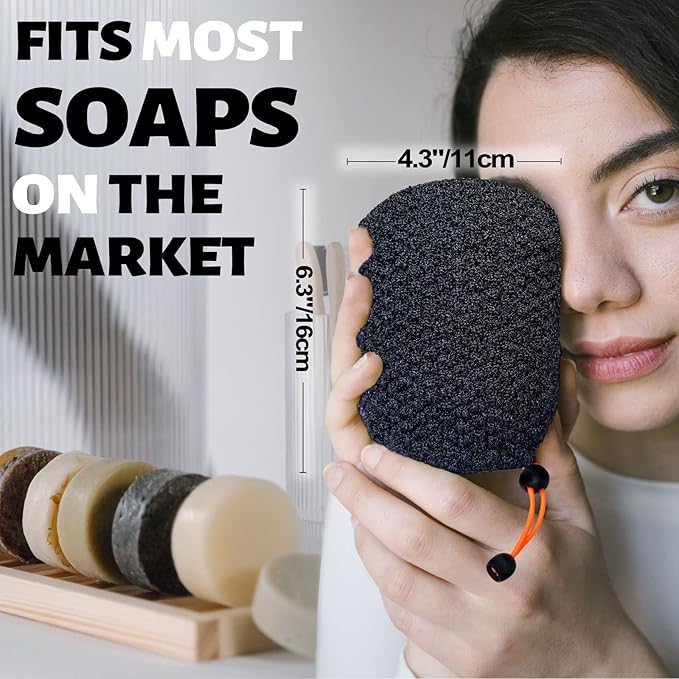 MIG4U Exfoliating Soap Bag for Shower 2 Pieces - Bar Soap Saver Pouch, Bamboo Body Scrubber Exfoliator Pocket in Travel Bathing, Black, Double Layer