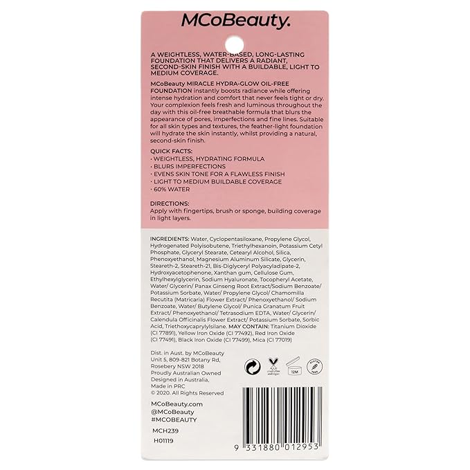 MCoBeauty Miracle Hydra Glow Oil-Free Foundation - Water-Based, Light-Medium Coverage - Features A Natural Satin Finish - Ultimate Radiant Base - With A Second-Skin Feel - Warm Beige - 1 Oz