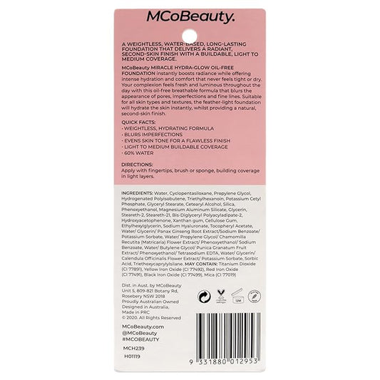 MCoBeauty Miracle Hydra Glow Oil-Free Foundation - Water-Based, Light-Medium Coverage - Features A Natural Satin Finish - Ultimate Radiant Base - With A Second-Skin Feel - Warm Beige - 1 Oz