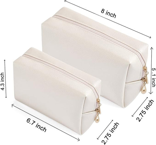 2pcc set PU Leather Cosmetic Bag for Women Minimalism Makeup Bag for Daily Use Portable Storage Purse Small Neat Cosmetic Pouch Water-resistant Toiletry Bag for Travel (Ivory White)