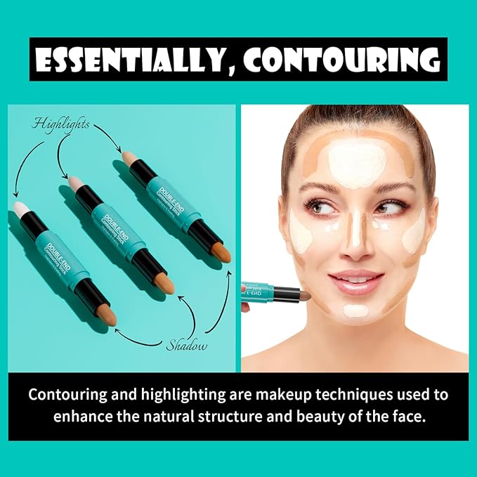 Dual-Ended Contour Stick, Face Shaping & Contouring Stick, Highlighter Makeup Pen for All Skin Tones