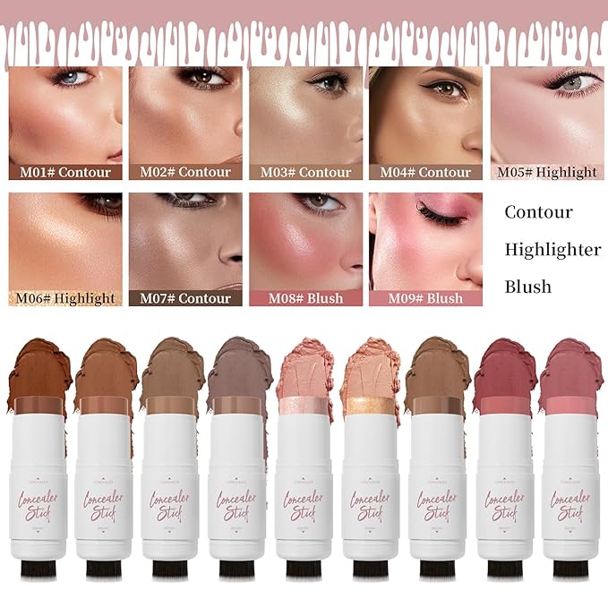 HelloKiss Concealer Brighten Stick Makeup Sticks Blush Stick With Soft Brush Waterproof Multi-Use Longwear Makeup (M09#)