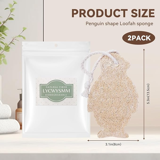 Natural Loofah Sponge Penguin Shaped, Loofah Exfoliating Body Scrubber, Exfoliator for Women and Men Refreshing Shower Experience, Pack for Holiday(Pack of 2)