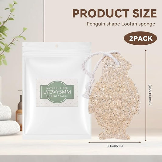Natural Loofah Sponge Penguin Shaped, Loofah Exfoliating Body Scrubber, Exfoliator for Women and Men Refreshing Shower Experience, Pack for Holiday(Pack of 2)