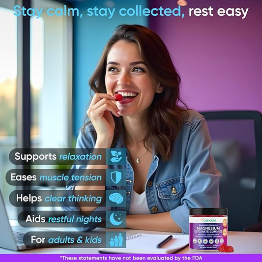 Adndale Magnesium Glycinate Gummies 90CT for Adults and Kids. 150 mg Chelated Mg with L-Theanine, Passionflower, Chamomile & Lemon Balm. Raspberry Flavor. Clear Thinking, Restful Nights, Muscle Ease