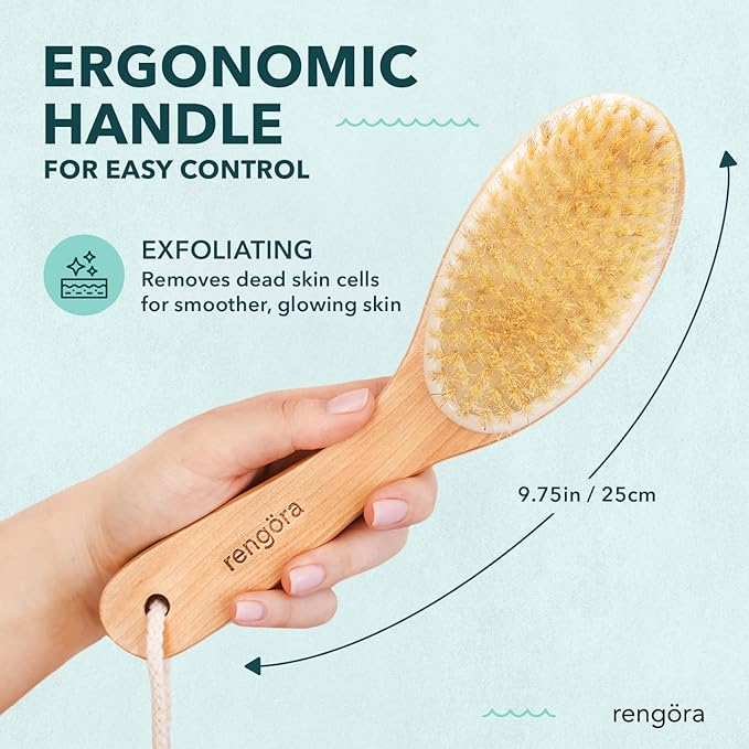 Exfoliating Back Scrubber for Shower, Dual-Use Body Scrubber for Wet/Dry Exfoliation, Dry Brushing Body Brush for Lymphatic Drainage, Natural Boar Bristles, Ergonomic Handle Cellulite Brush Gift Set