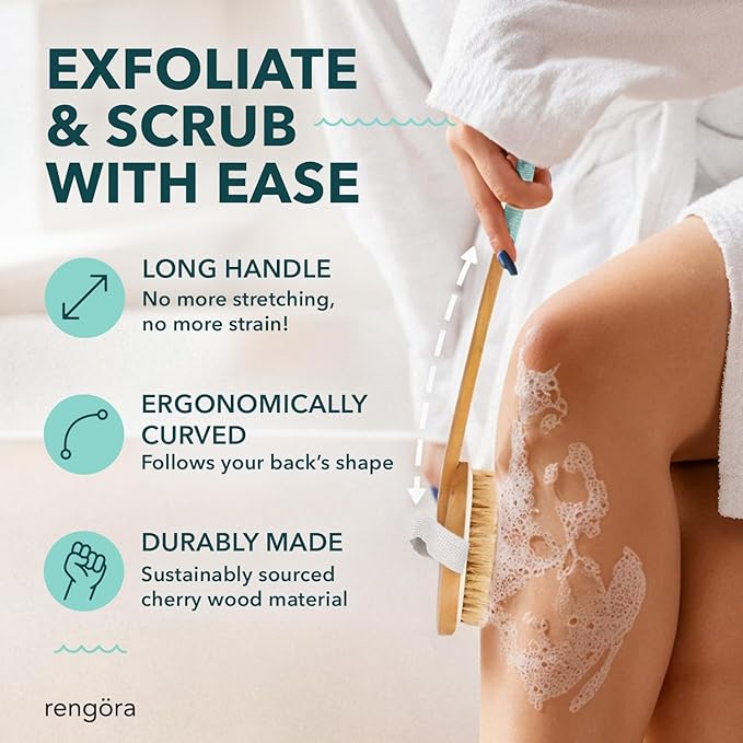 Long Handled Back Scrubber for Shower 18"" Handle Boar Bristle Back Brush โ Wooden Bath Brush, Back Scrubbing Brush, Shower Brush, Body Scrub Brush, Bath Brush Long Handle for Shower by rengรถra