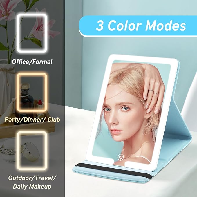 Travel Mirror with LED Lights - 8x5.5inch Lighted Makeup Mirror 3 Color Modes, Portable Vanity Mirror with Light of PU Leather, Desktop Cosmetic Light Up Mirror, Travel Accessories for Women