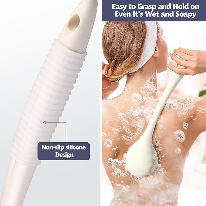 BEDELITE Back Bath Brush Long Handle for Shower of 2 - Soft Shower Brush for Men & Women,Back Brush Scrubber - 16.4" Long Skin Exfoliator for Body Bath ScrubberοΌ2 Pack, Pink & IvoryοΌ