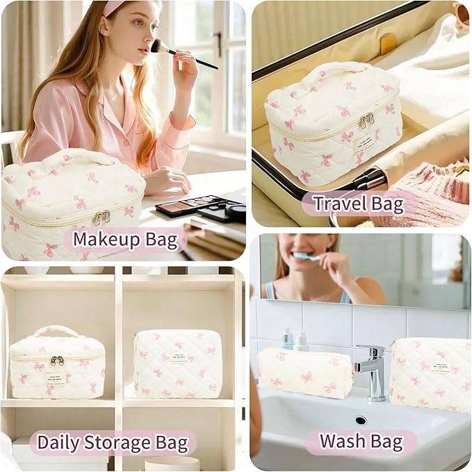 3Pcs Cotton Quilted Makeup Bag Set,Large Floral Cosmetic Bag,Aesthetic Toiletry Travel Makeup Bag Set and Cute Flower Bag for Women Girls (White Pink Bow)