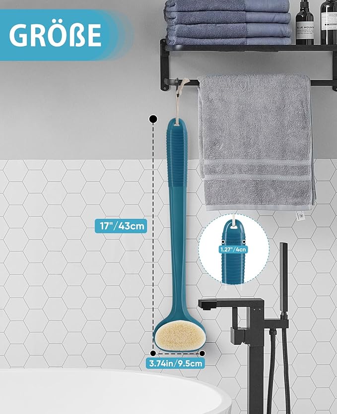Shower Back Brush, Long Handle with Non-Slip Plastic, Moderate Bristles, Navy Blue