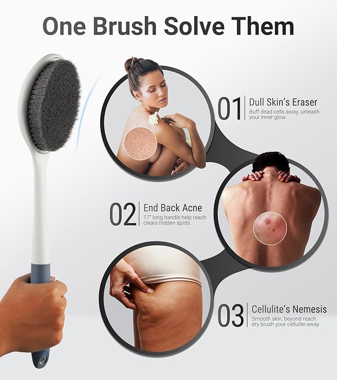 surlees Back Scrubber for Shower for Men & Women 17" | Body Brush for Wet & Dry Brushing | Exfoliating Body Scrubber & Back Brush | Shower Brush with Long Handle for Cellulite & Acne