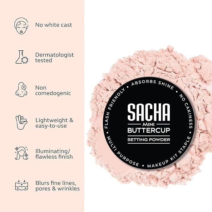Sacha BUTTERCUP RosΓ© Mini Setting Powder. No Ashy Flashback. Blurs Fine Lines and Pores. Loose, Translucent Face Powder to Set Makeup Foundation or Concealer. For All Skin Tones, 0.35 oz.