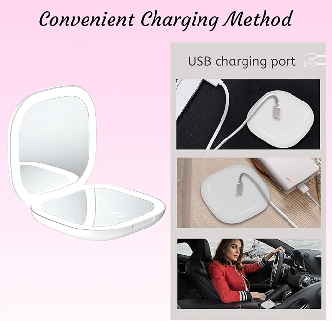 Compact LED Travel Makeup Mirror, Rechargeable Double Sided 1X/10X Magnifying Mirror, 3 Color Lighting, Dimmable Touch Screen, Foldable Lighting Mirror with USB Data Cable White