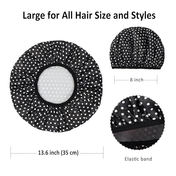 2-Pack Reusable Waterproof Shower Caps for Women, Double-Layer Elastic Bath hat,Extra Large Hair Cap for Long Curly HairοΌBlack, PinkοΌ