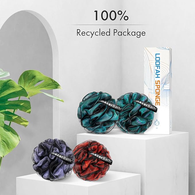 AmazerBath Charcoal Loofah Sponge, Large Shower Loofah 75g/PCS - Body Scrubber Loofa Set of 4 - Charcoal Blue, Green, Purple & Red, Bath Sponge for Men and Women