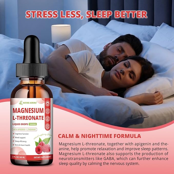 Magnesium L-Threonate Liquid Drops with Apigenin & L-Theanine, High Absorption Magnesium Threonate Supplement for Sleep, Brain Health and Cognitive Function, Raspberry Flavor, 60ML