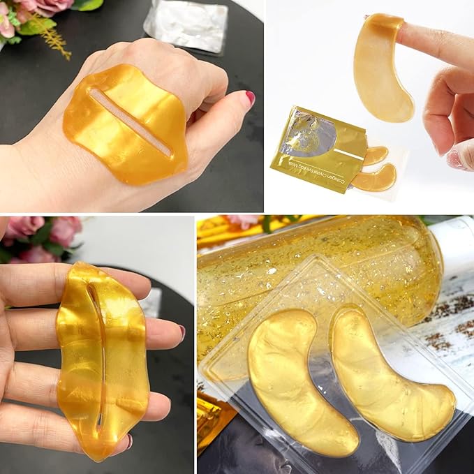 24K Gold Gel Crystal Collagen Eye and Lip Mask Set, 15 Pairs Gold Eye Mask & 15 Pcs Gold Lip Mask for Moisturizing, Collagen Under Eye Mask for Dark Circles Puffiness and Wrinkles