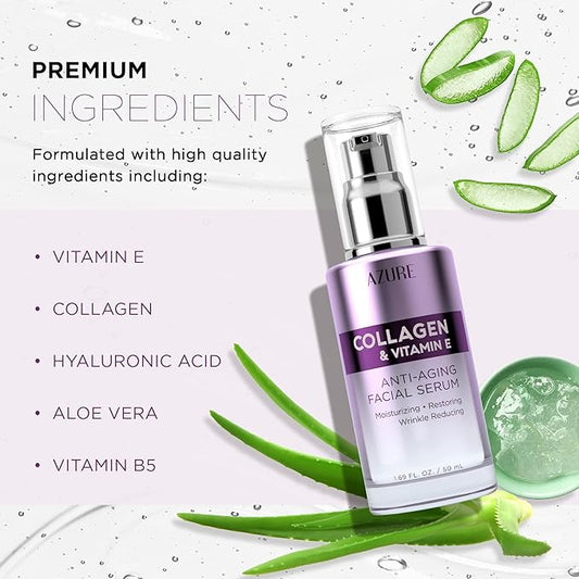 Azure Dermatologist Tested Collagen & Vitamin E Face Serum - K Beauty Anti-Aging Formula for Wrinkle Repair & Dark Spot Treatment - Korean Skincare, Premium Retinol Enhanced Solution - 1.69 fl oz