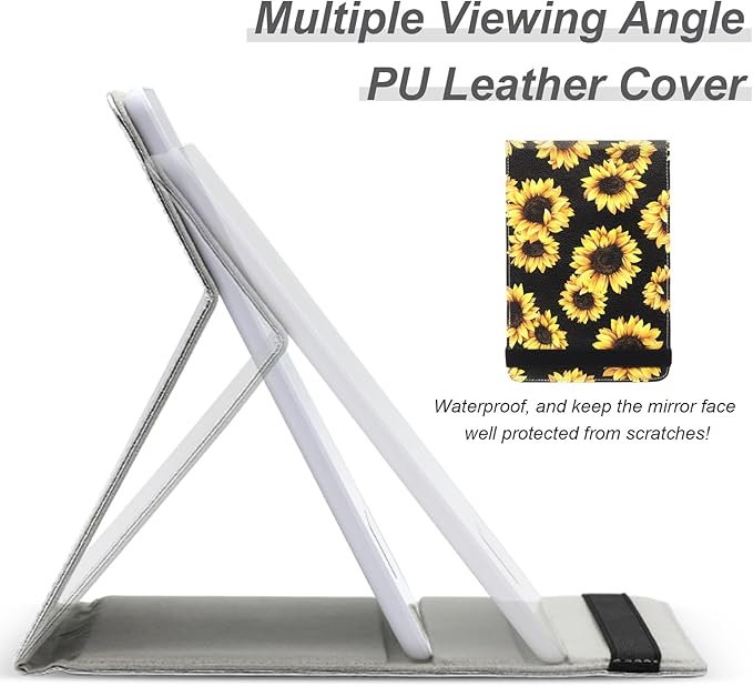 Makeup Mirror with Lights, PU Leather Travel Mirror with 3 Color Lighted Makeup Mirror with Sunflower Print, 8x5.5inch Vanity Mirror with Light Desktop Cosmetic Mirror, Lighted Travel Mirror for Women