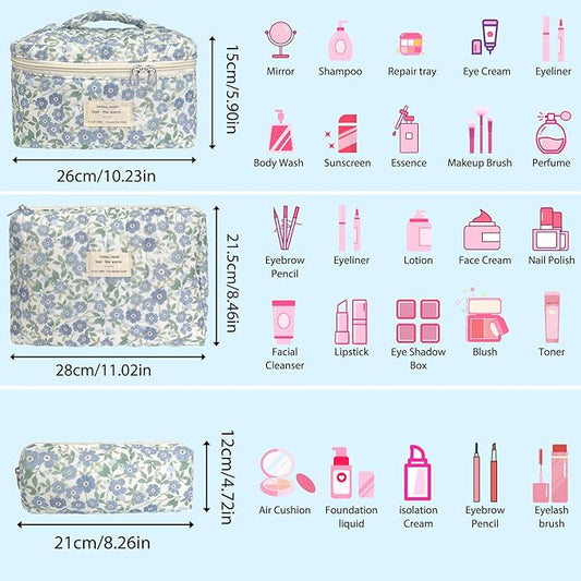 3 Piece Blue Cute Floral Cotton Quilted Makeup Bag Set, Large Capacity Travel Makeup Bags for Women and Girls, Includes Small, Medium, and Extra Large aesthetic makeup&Cosmetic Bags (3pcs-DitsyFloral)