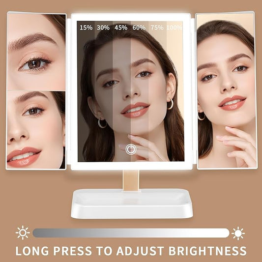 3- Folding Makeup Mirror, 76 lamp Beads, 3 Adjustable Color Modes,Long Press The Touch Button to Adjust The brightness1%-100%, 1x / 2X / 3X Magnification (1, Triplex Mirror Ivory White)