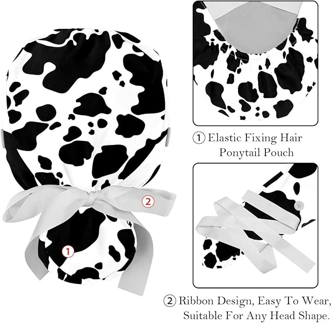2 PCS Bouffant Cap with Button Ponytail Pouch Working Cap Sweatband Adjustable Surgical Cap Black and White Cow