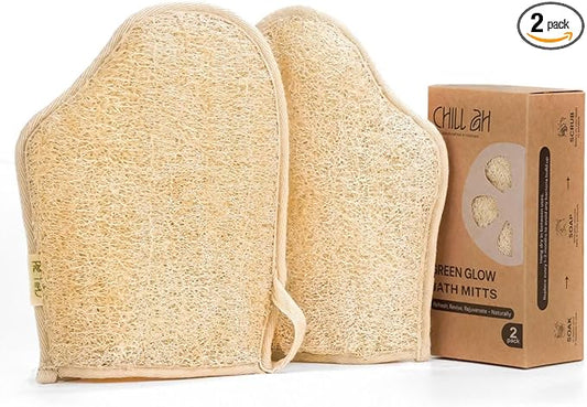 Chill Ah Green Glow Dual-Sided Loofah Bath Mitts (2-Pack) β 100% Plant-Based, Dye-Free, Biodegradable, Handcrafted in Vietnam β Natural Exfoliating Gloves for Glowing Skin