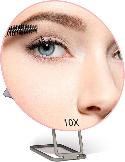 Travel Magnifying Mirror 10x Large 6β Diameter Makeup Mirror with Magnification 10x, Portable Handheld Close Up Magnified Mirror with Stand & Suction Cups, Perfect for Makeup, Shaving, Deep Cleaning