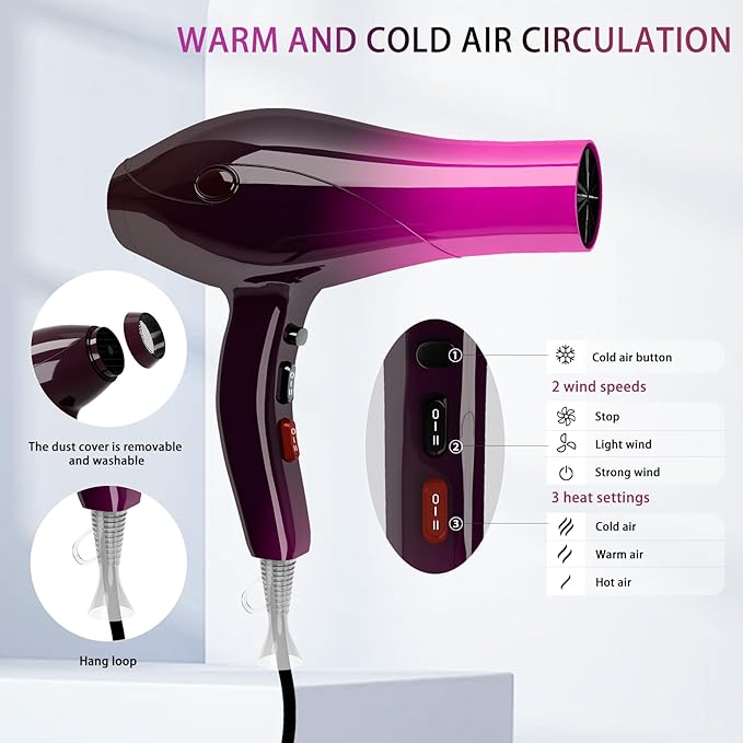 Ionic Hair Dryer,2400W Negative Ion Low Noise Hair Dryer Professional Fast Drying Hair Dryer with 2 Speeds, 3 Heat Settings, Cooling Button,with Diffuser for Curly and Straight Hair(Crimson Fade)
