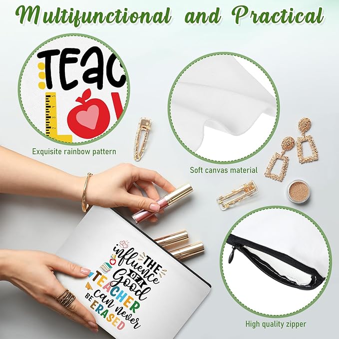 12 Pcs Teacher Gifts Makeup Bags Teacher Appreciation Travel Toiletry Canvas Cosmetic Pencil Survival Kit Bag for Women Zipper Pouch Bag Thank You Gifts Bulk (Warm Words)