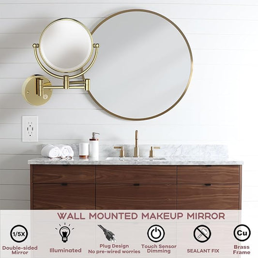 Brass Wall Mounted Makeup Vanity Mirror with Light and Magnification, 1X/5X Double Sided LED Lighted Personal Mirror for Bathroom, Swivel Extendable Arm, PVD Zirconium Gold, Plug Powered