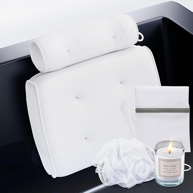 SunSerenity Luxury Bath Pillow for Tub - Relaxing Bath Tub Accessory β Bath Tub Pillow for Head and Back, Unscented Candle, Sponge Loofah, Laundry Bag, & Suction Tool (White on White)