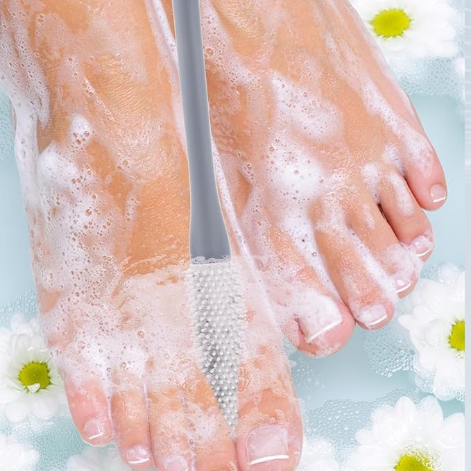 2 Pcs Toe Gap Cleaning Brush Long Handle, Toe Scrubber, Foot Cleaner for Shower, 15 in Silicone Toe Brush with Long Handle for Seniors Elderly Men and Women (Grey)