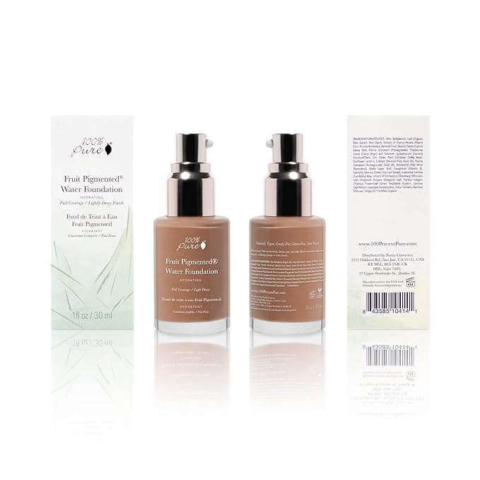 100% PURE Water Foundation Full Coverage Hydrating Makeup, Light Dewy Finish, Moisturizing Concealer for Normal to Dry Skin, Fruit Pigment Color Neutral 4.0 w/Peachy Undertones for Tan Skin - 1 Fl Oz