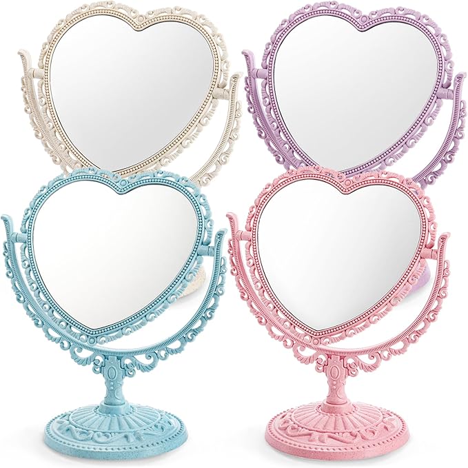 DEAYOU 4 Pack Heart Shaped Cosmetic Mirror, Vintage Vanity Tabletop Mirror with Double Sided, Rotatable Dresser Mirrors with Stand for Makeup, Girl, Women, Beauty, Spa Party, 4 Color